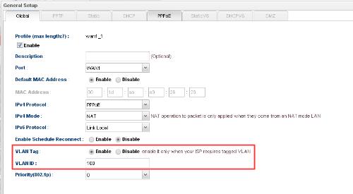 a screenshot of Vigor3900 WAN profile